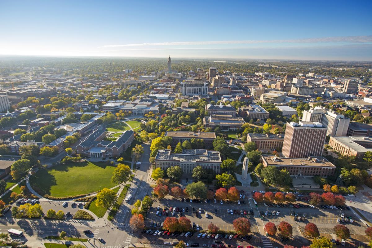 Aerial image of University of Nebraska Lincoln campus during spring