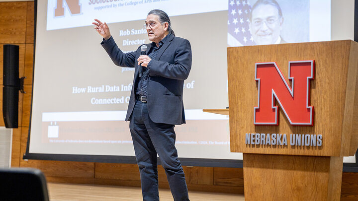 Robert Santos, director of the U.S. Census Bureau, delivers a lecture in the Swanson Auditorium of Nebraska Union.