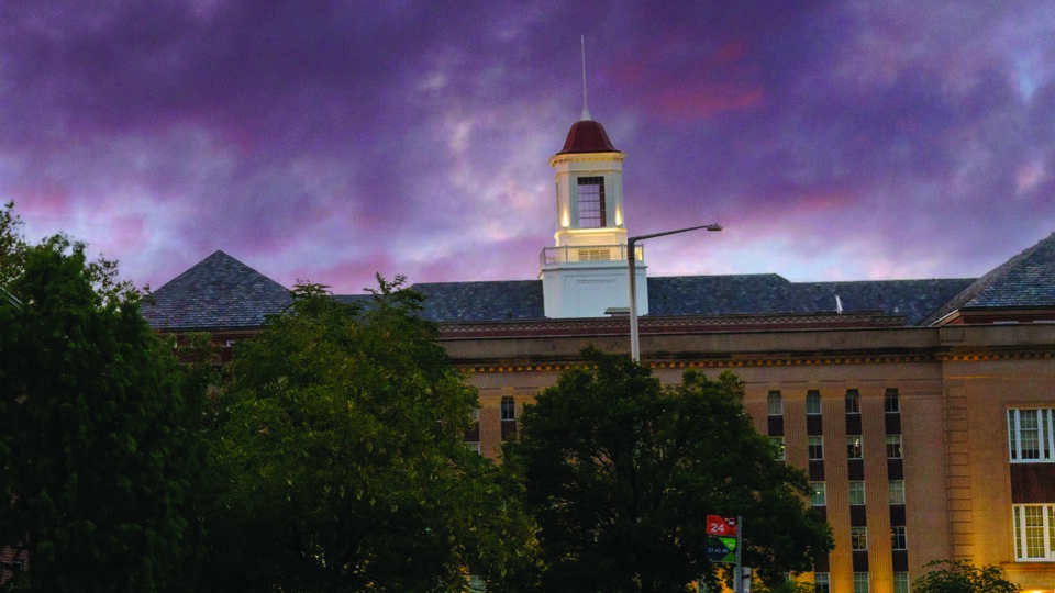 View of Love Library South from the south side at dusk