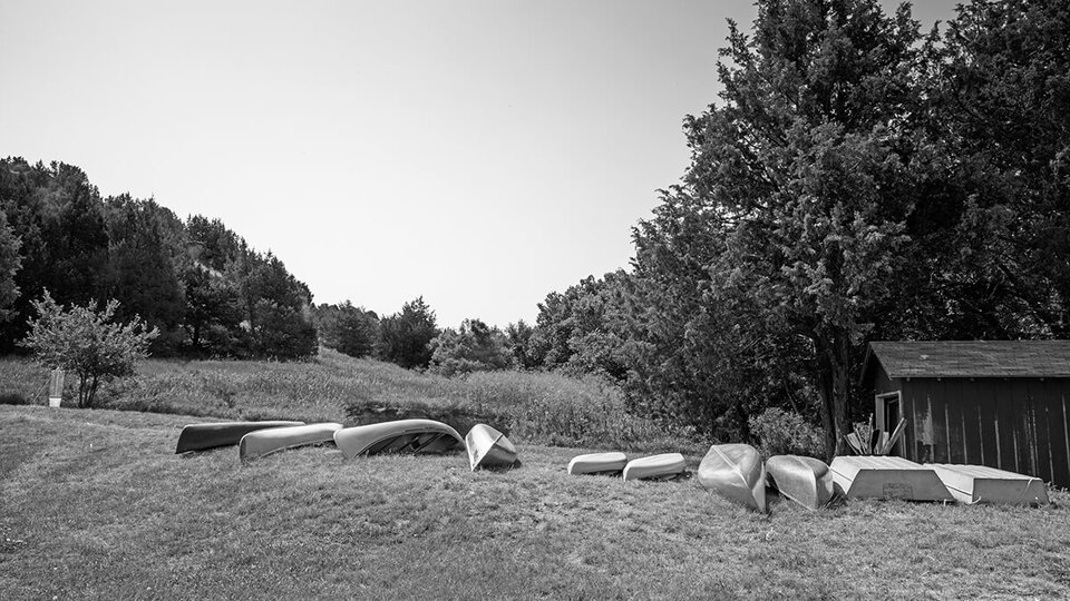 Black and white image of canoes in a row on grass