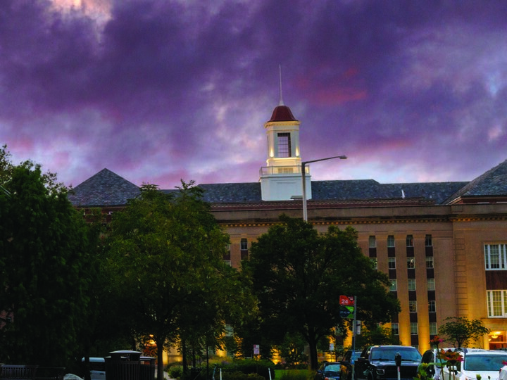 View of Love Library South from the south side at dusk